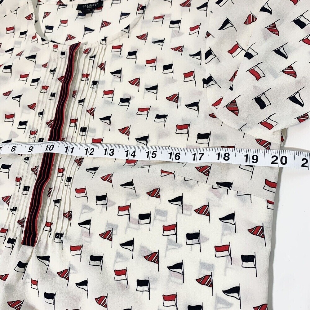 Talbots White and Black Flag Patterned Blouse with Red Trim - Picture 10 of 11